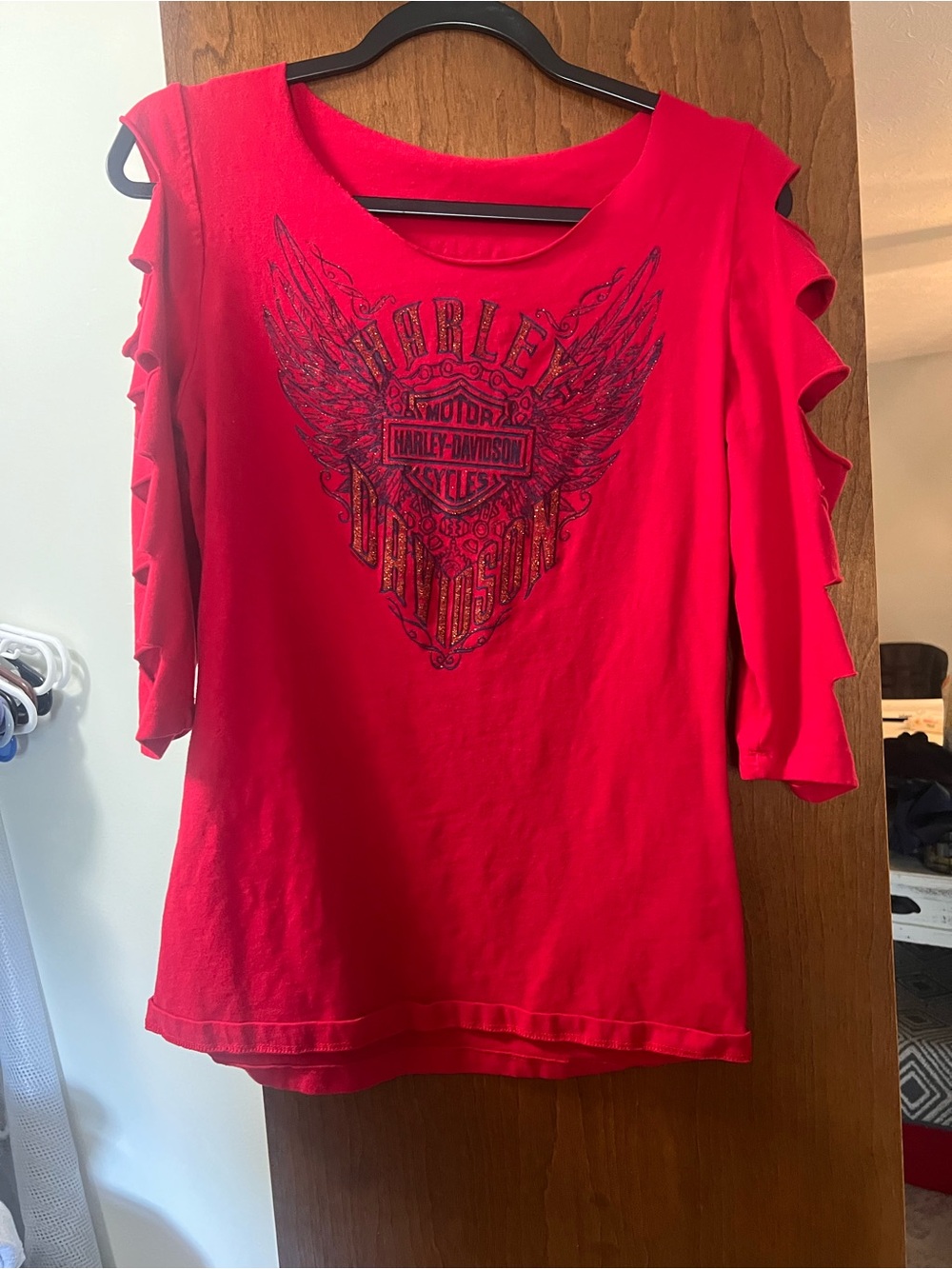 Harley-Davidson Red Women’s Cold-Shoulder Tee with Wing Logo
